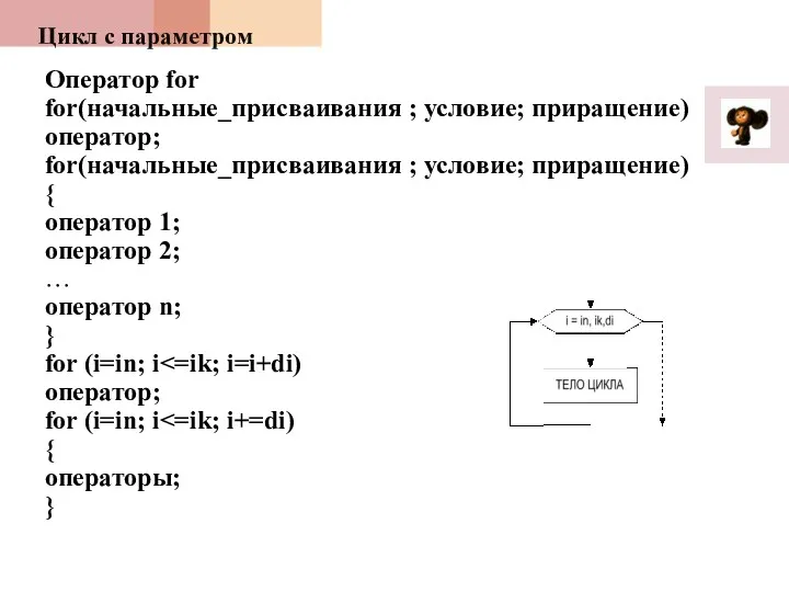 Цикл с параметром Оператор for for(начальные_присваивания ; условие; приращение) оператор;