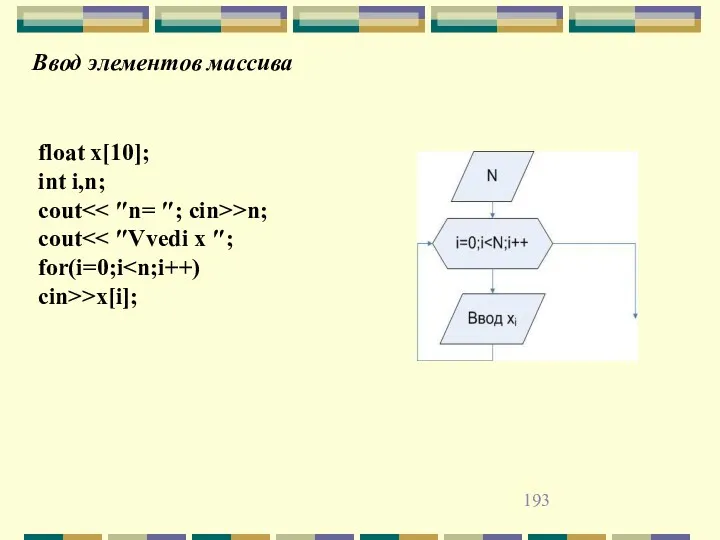 Ввод элементов массива float x[10]; int i,n; cout >n; cout for(i=0;i cin>>x[i];