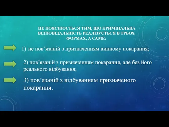 ЦЕ ПОЯСНЮЄТЬСЯ ТИМ, ЩО КРИМІНАЛЬНА ВІДПОВІДАЛЬНІСТЬ РЕАЛІЗУЄТЬСЯ В ТРЬОХ ФОРМАХ,