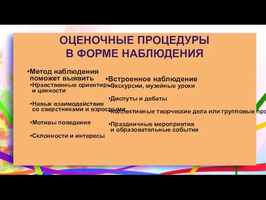 ОЦЕНОЧНЫЕ ПРОЦЕДУРЫ В ФОРМЕ НАБЛЮДЕНИЯ Метод наблюдения поможет выявить Нравственные