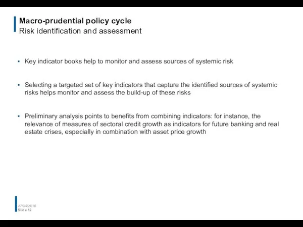 Macro-prudential policy cycle Risk identification and assessment Key indicator books