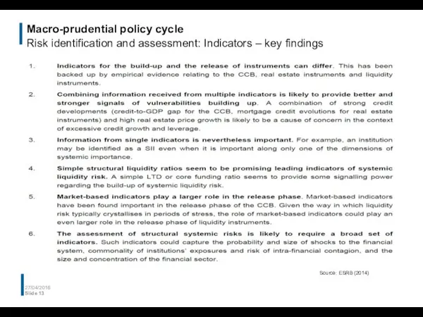 Macro-prudential policy cycle Risk identification and assessment: Indicators – key findings 27/04/2016 Slide Source: ESRB (2014)