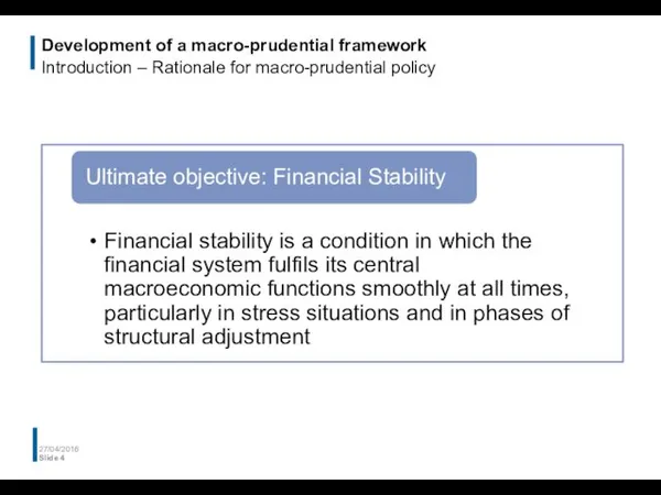 Development of a macro-prudential framework Introduction – Rationale for macro-prudential policy 27/04/2016 Slide