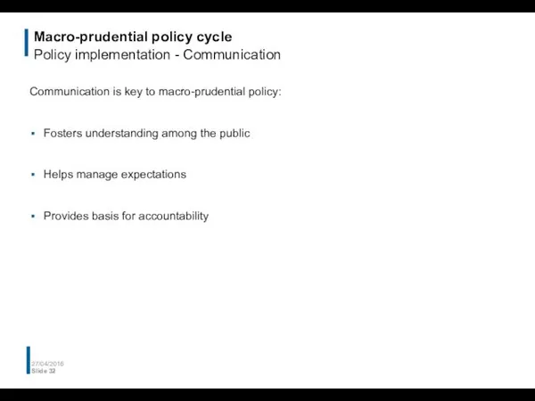 Macro-prudential policy cycle Policy implementation - Communication Communication is key