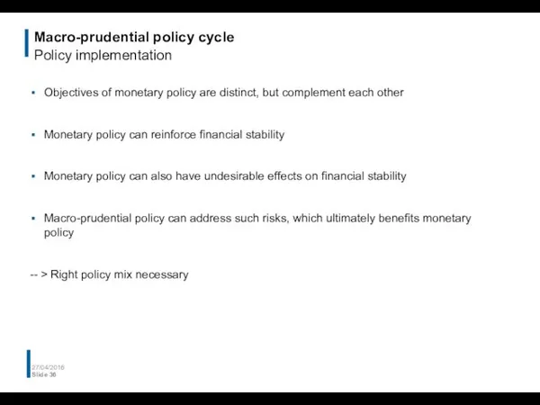 Macro-prudential policy cycle Policy implementation Objectives of monetary policy are