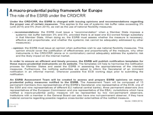 A macro-prudential policy framework for Europe The role of the