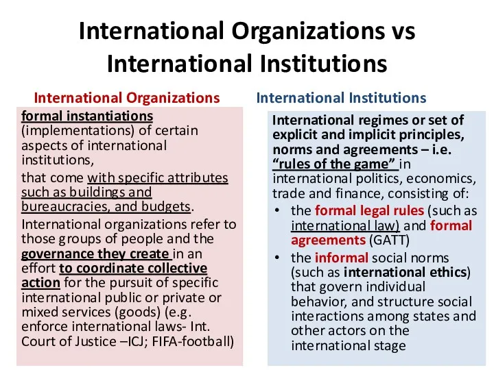 International Organizations vs International Institutions International Organizations formal instantiations (implementations) of certain aspects