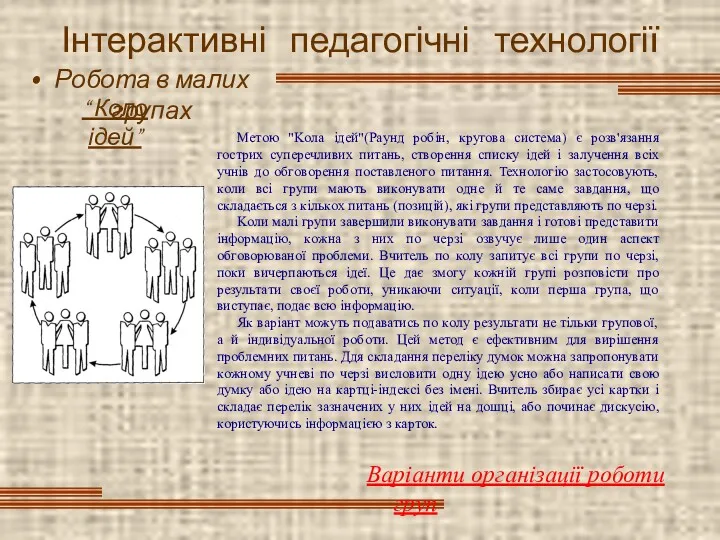 Інтерактивні педагогічні технології Робота в малих групах “ Коло ідей”