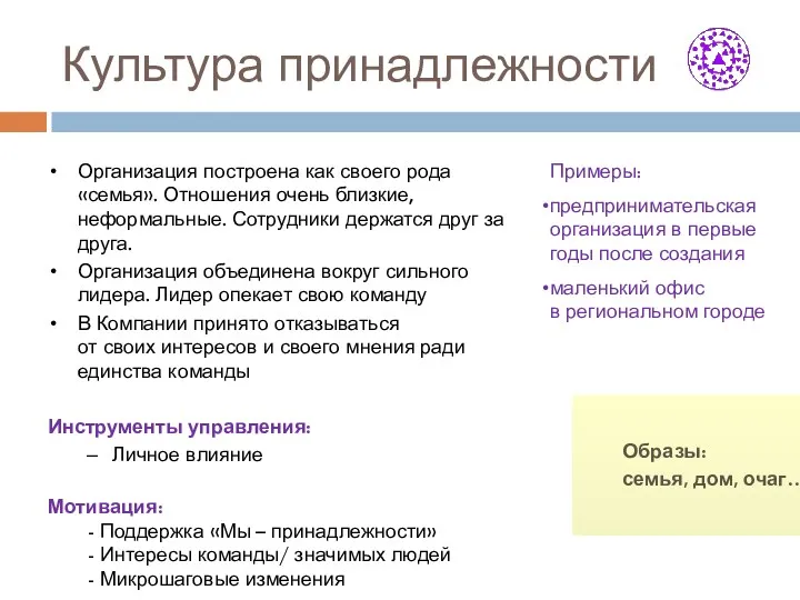 Культура принадлежности Организация построена как своего рода «семья». Отношения очень