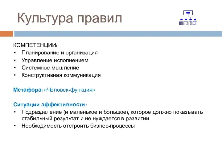 Культура правил КОМПЕТЕНЦИИ: Планирование и организация Управление исполнением Системное мышление