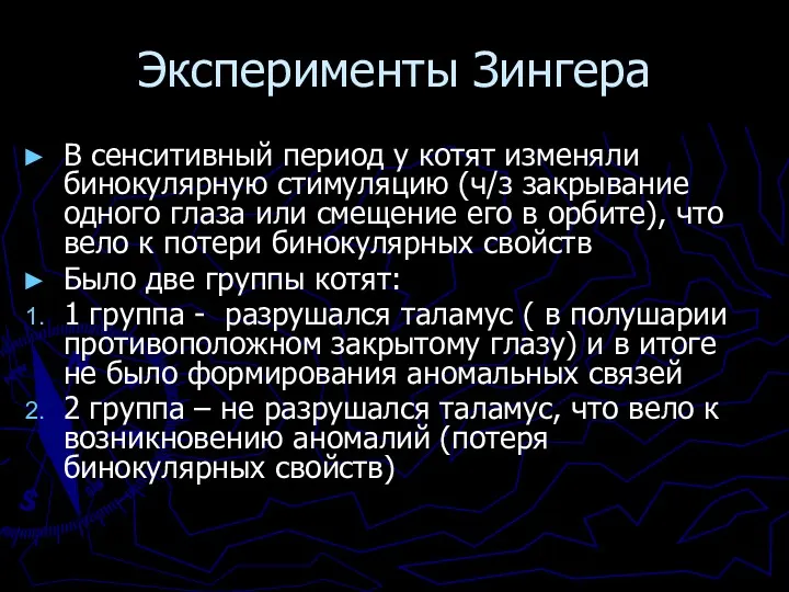 Эксперименты Зингера В сенситивный период у котят изменяли бинокулярную стимуляцию