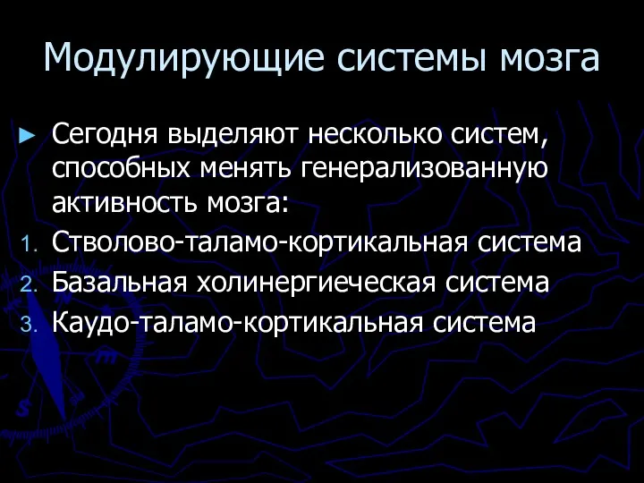 Модулирующие системы мозга Сегодня выделяют несколько систем, способных менять генерализованную