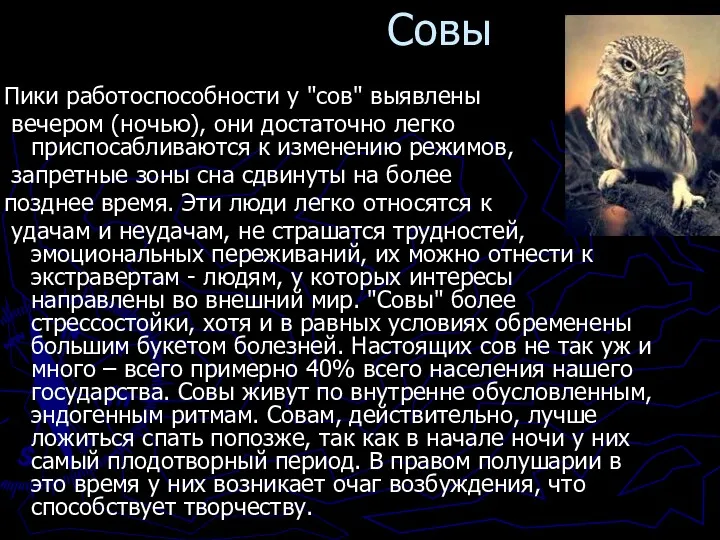 Пики работоспособности у "сов" выявлены вечером (ночью), они достаточно легко