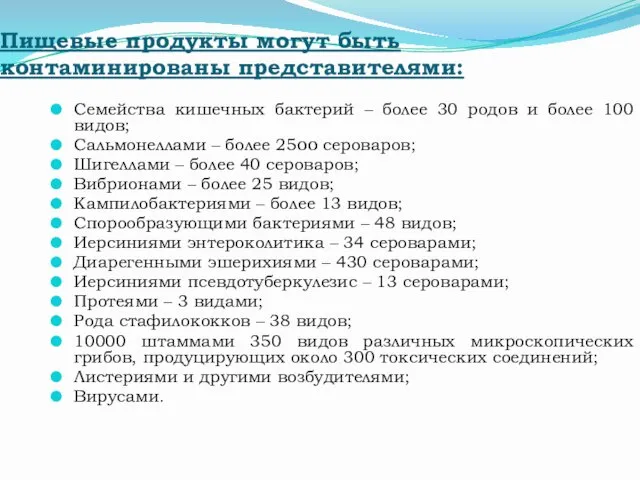 Пищевые продукты могут быть контаминированы представителями: Семейства кишечных бактерий –