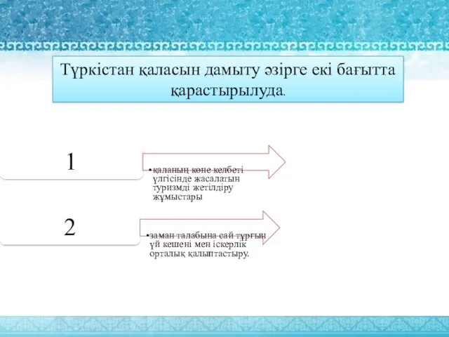 Түркістан қаласын дамыту әзірге екі бағытта қарастырылуда. 1 қаланың көне