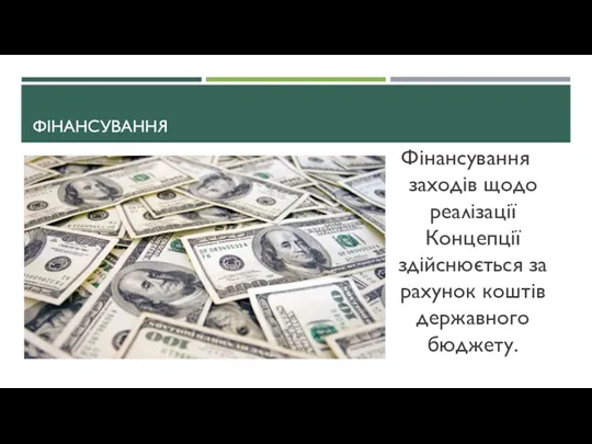 ФІНАНСУВАННЯ Фінансування заходів щодо реалізації Концепції здійснюється за рахунок коштів державного бюджету.