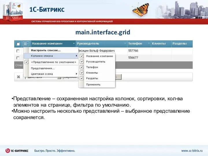 main.interface.grid Представление – сохраненная настройка колонок, сортировки, кол-ва элементов на