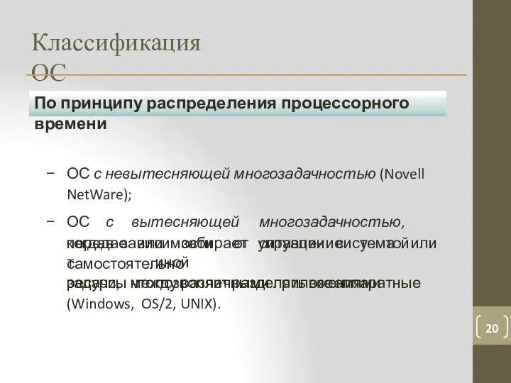 Классификация ОС По принципу распределения процессорного времени ОС с невытесняющей