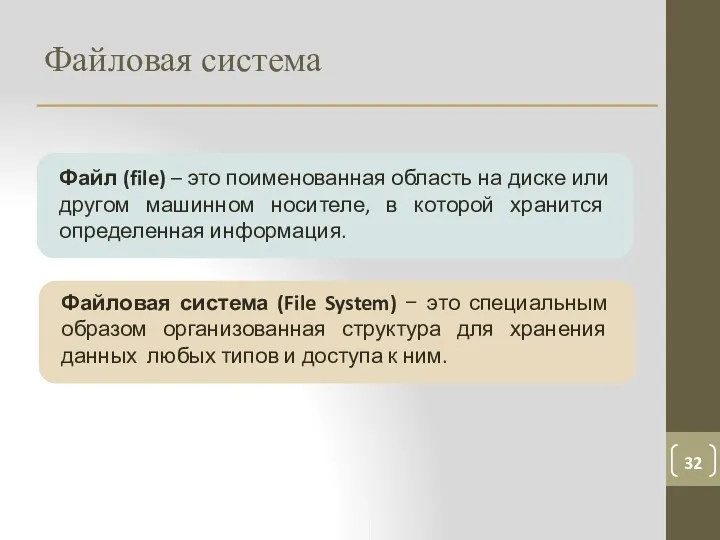 Файловая система Файл (file) – это поименованная область на диске