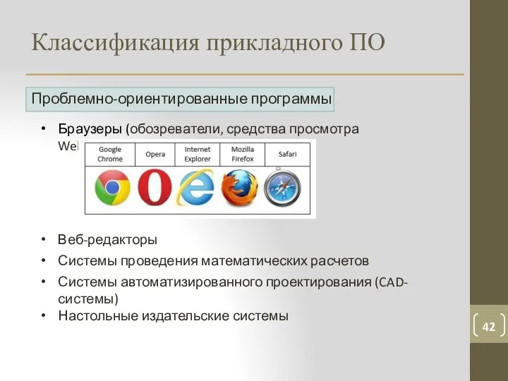 Классификация прикладного ПО Проблемно-ориентированные программы Браузеры (обозреватели, средства просмотра Web)