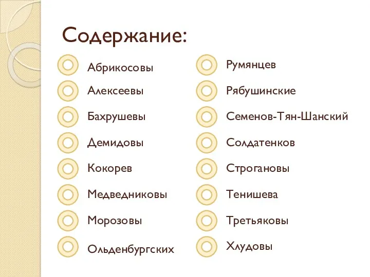 Содержание: Абрикосовы Демидовы Алексеевы Бахрушевы Румянцев Рябушинские Семенов-Тян-Шанский Солдатенков Строгановы