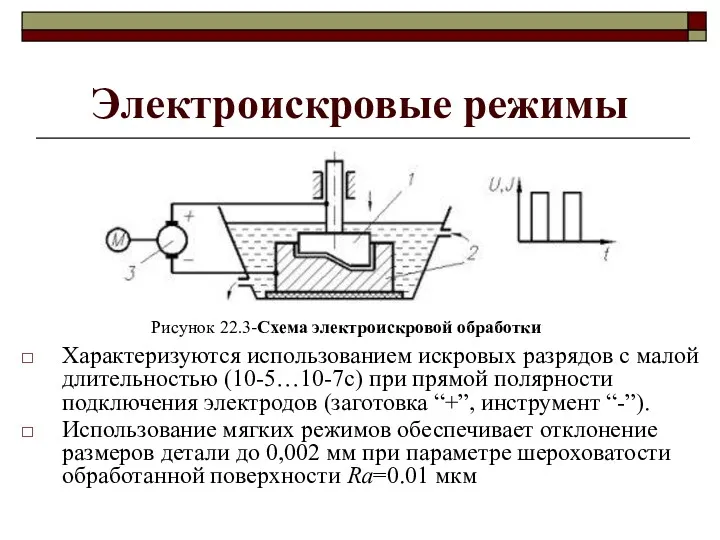 Электроискровые режимы Характеризуются использованием искровых разрядов с малой длительностью (10-5…10-7с)