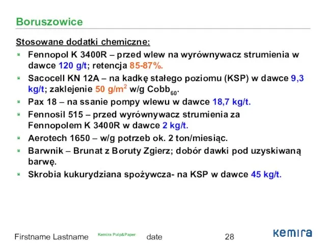 date Firstname Lastname Boruszowice Stosowane dodatki chemiczne: Fennopol K 3400R