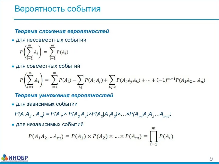 Вероятность события Теорема сложения вероятностей для несовместных событий для совместных