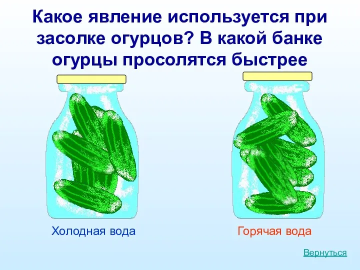 Какое явление используется при засолке огурцов? В какой банке огурцы