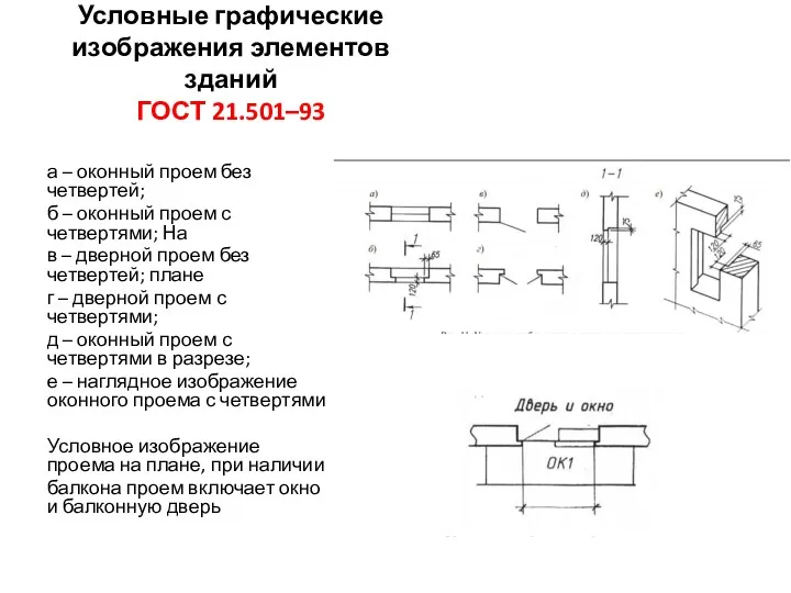 Условные графические изображения элементов зданий ГОСТ 21.501–93 а – оконный проем без четвертей;