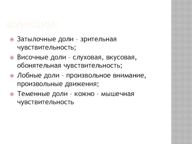 ФУНКЦИИ: Затылочные доли – зрительная чувствительность; Височные доли – слуховая,