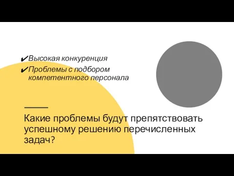 Какие проблемы будут препятствовать успешному решению перечисленных задач? Высокая конкуренция Проблемы с подбором компетентного персонала