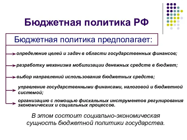 Бюджетная политика РФ В этом состоит социально-экономическая сущность бюджетной политики