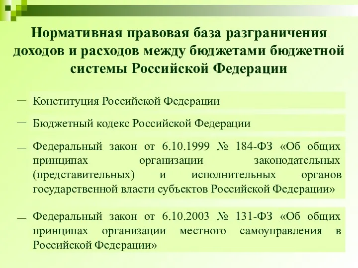 Нормативная правовая база разграничения доходов и расходов между бюджетами бюджетной