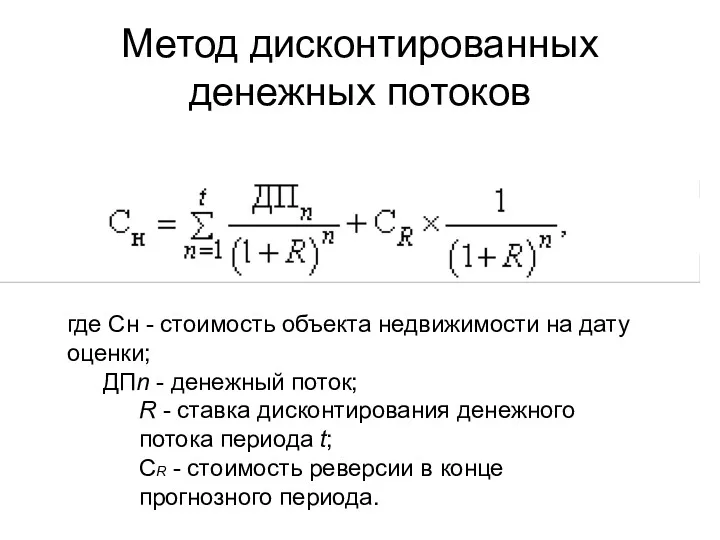 Метод дисконтированных денежных потоков где Сн - стоимость объекта недвижимости