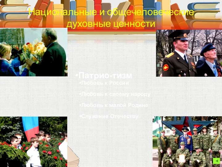 Национальные и общечеловеческие духовные ценности Патрио-тизм Любовь к России Любовь к своему народу