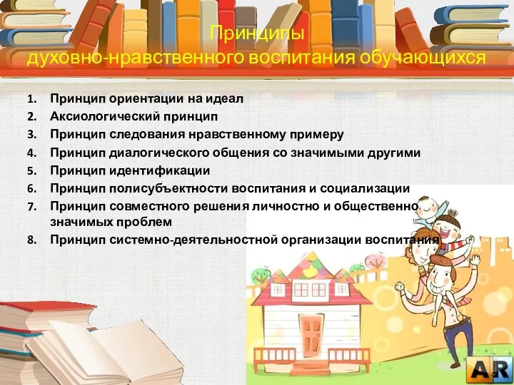 Принцип ориентации на идеал Аксиологический принцип Принцип следования нравственному примеру