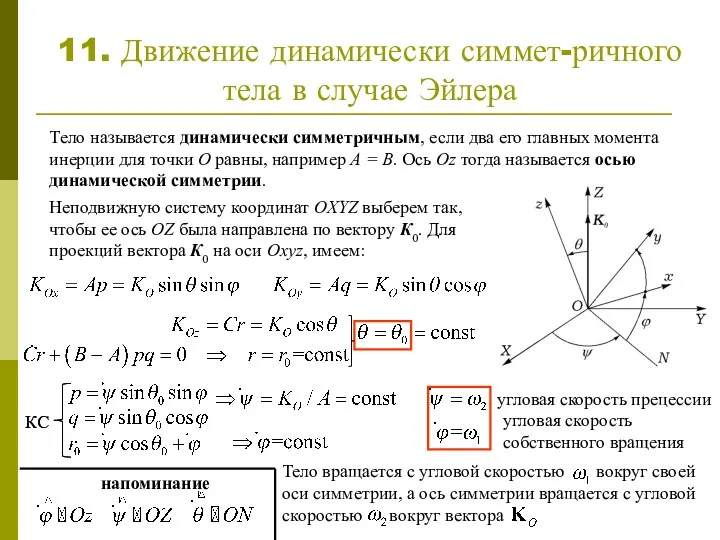 11. Движение динамически симмет-ричного тела в случае Эйлера Тело называется