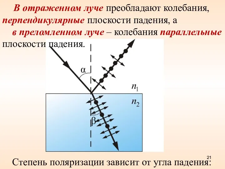 В отраженном луче преобладают колебания, перпендикулярные плоскости падения, а в