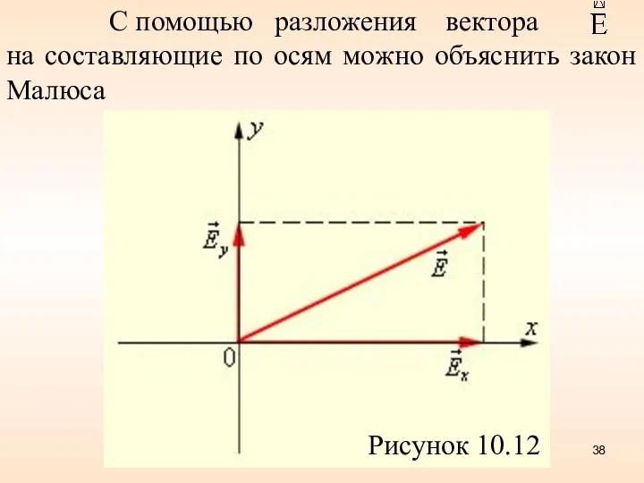 С помощью разложения вектора на составляющие по осям можно объяснить закон Малюса Рисунок 10.12
