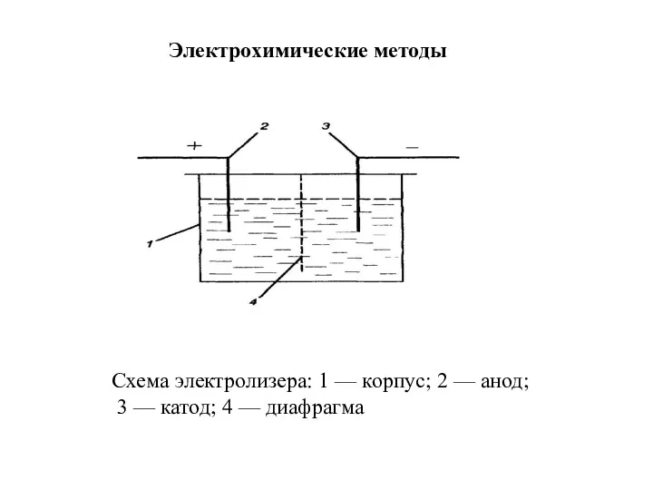 Схема электролизера: 1 — корпус; 2 — анод; 3 — катод; 4 — диафрагма Электрохимические методы