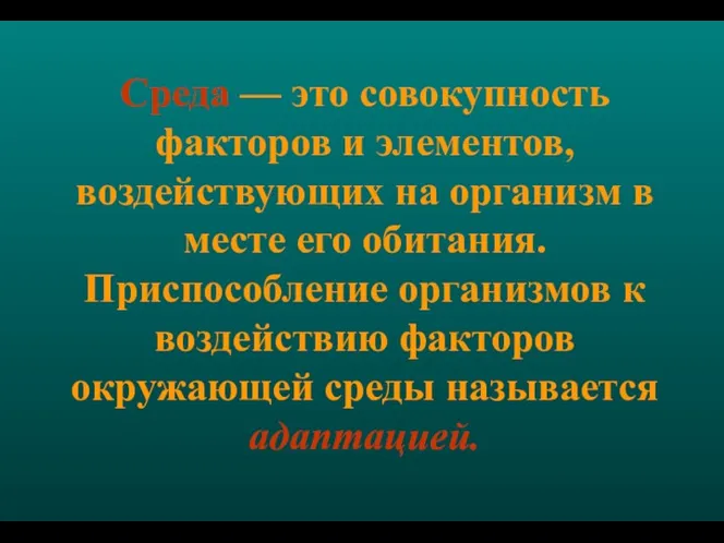 Среда — это совокупность факторов и элементов, воздействующих на организм