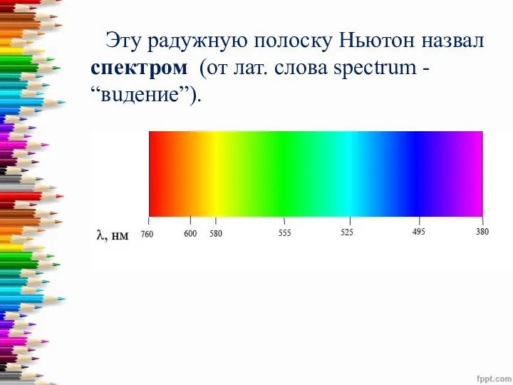 Эту радужную полоску Ньютон назвал спектром (от лат. слова spectrum - “вuдение”).