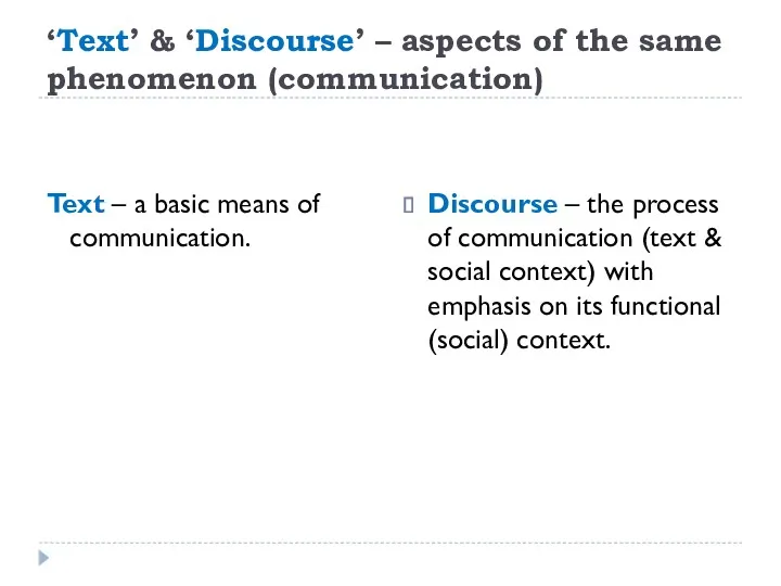 ‘Text’ & ‘Discourse’ – aspects of the same phenomenon (communication)