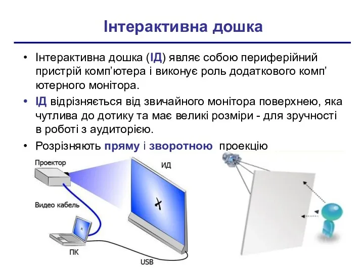 Інтерактивна дошка Інтерактивна дошка (ІД) являє собою периферійний пристрій комп’ютера