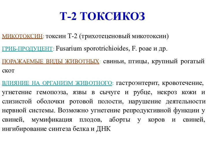 Т-2 ТОКСИКОЗ МИКОТОКСИН: токсин Т-2 (трихотеценовый микотоксин) ГРИБ-ПРОДУЦЕНТ: Fusarium sporotrichioides,