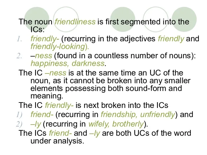 The noun friendliness is first segmented into the ICs: friendly-