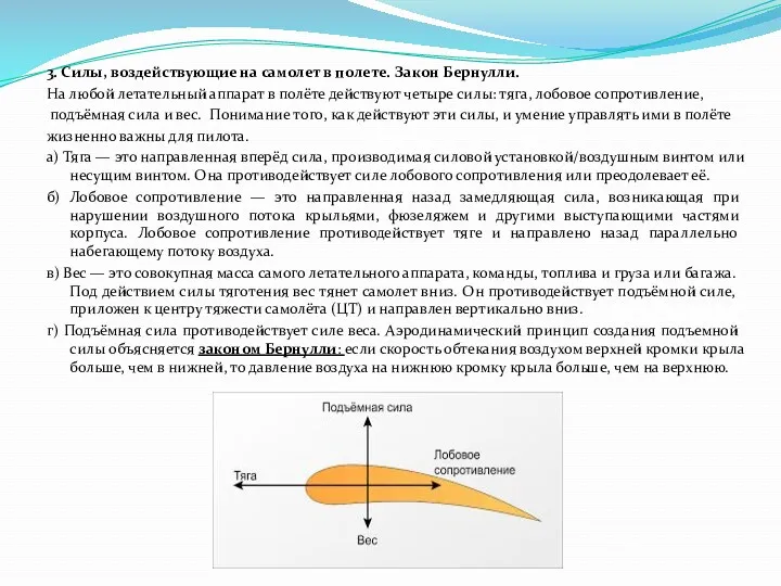 3. Силы, воздействующие на самолет в полете. Закон Бернулли. На