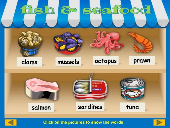 Click on the pictures to show the words clams octopus