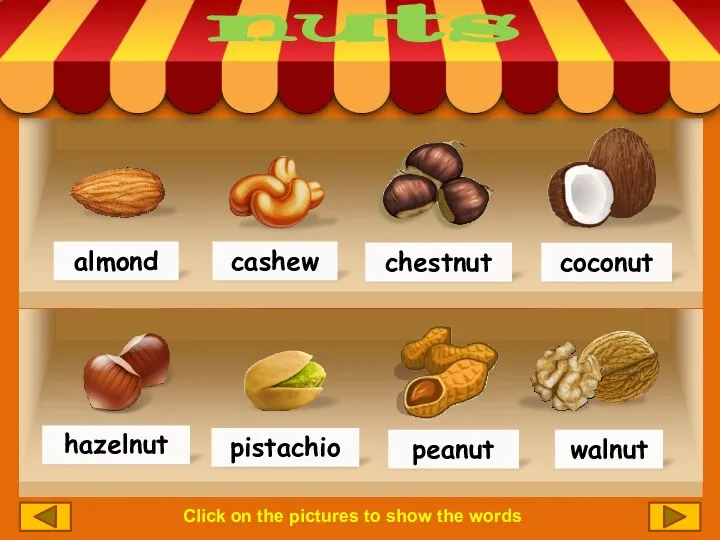 Click on the pictures to show the words almond hazelnut